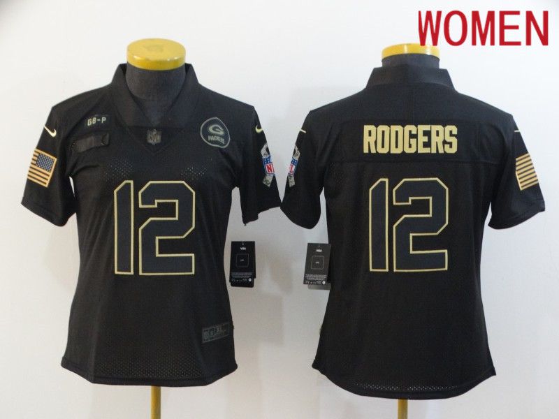 Women Green Bay Packers #12 Rodgers Black gold lettering 2020 Nike NFL Jersey
